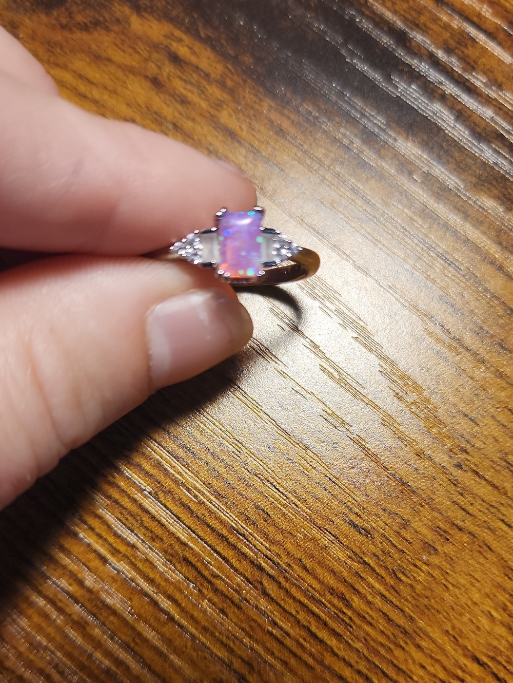 Stylish Elegant Square Pink-White Synthetic Opal Ring Bridal Engagement Wedding